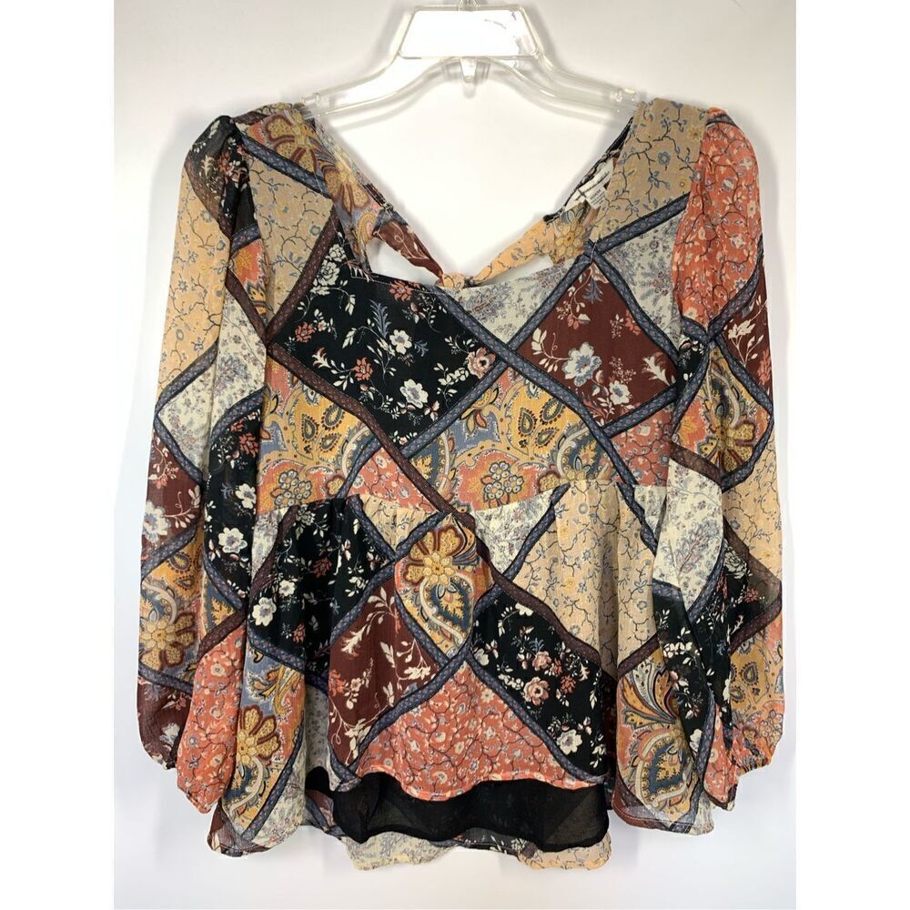American Eagle Women's Multicolor Patchwork Floral Tie Back Blouse Medium NWOT